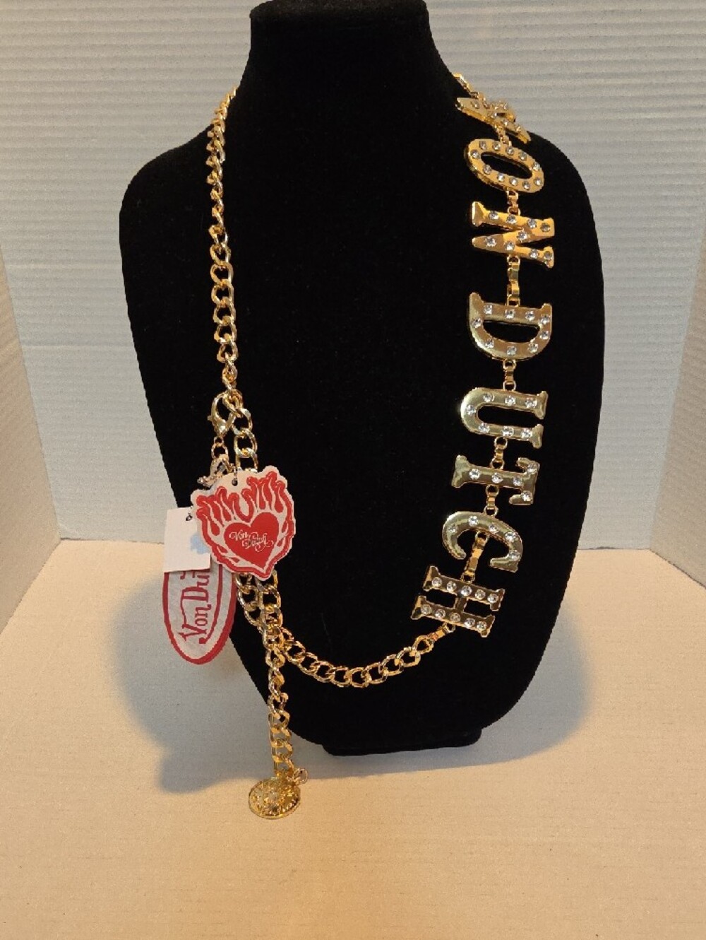 Von Dutch Gold-Tone Crystal Letter Pendant Chain Belt - Picture 2 of 7